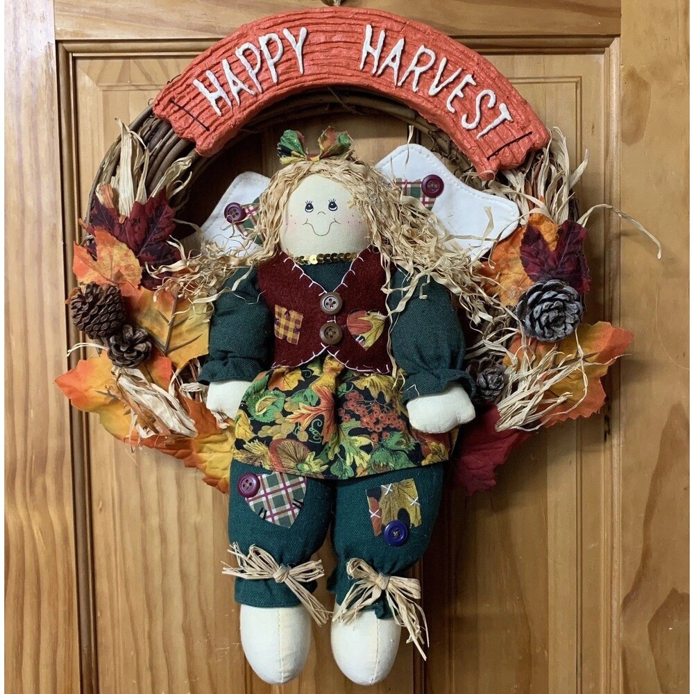 HAPPY HARVEST 13" Wreath Thanksgiving Angel Wood Pine Cones Fall Door Decor VTG